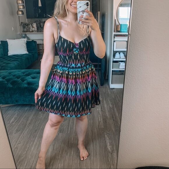 Forever 21 Smocked Back Rainbow Tribal Pattern Drop Waist Sundress Size M - Picture 1 of 8